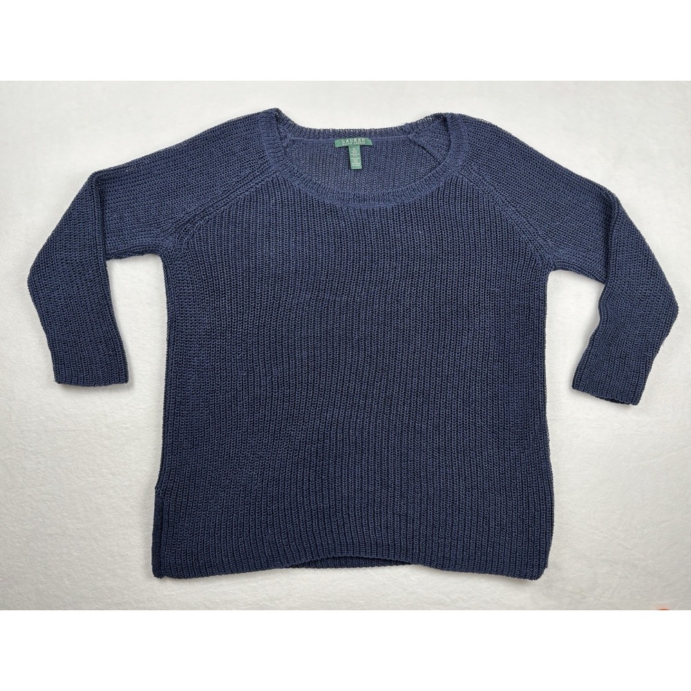 Lauren Ralph Lauren Women's Open Knit Sweater Navy Blue XL Cotton Blend